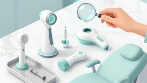Процесс выбора современного оборудования для косметолога через лупу на столе Бьюти Учебного Центра